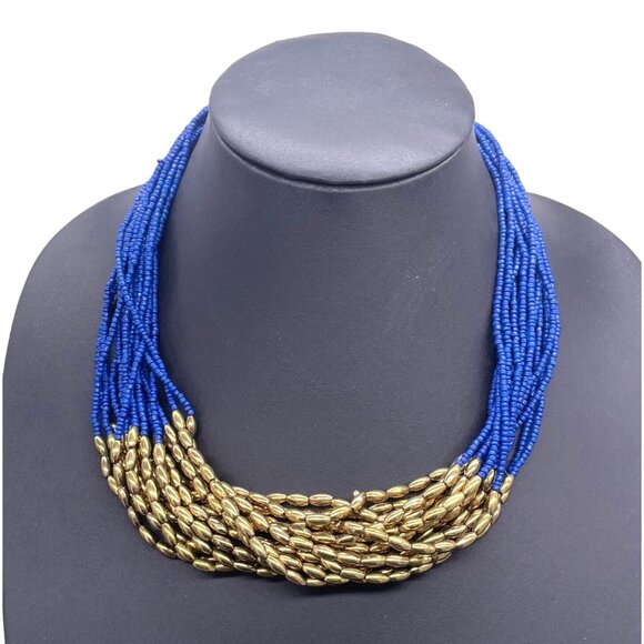 Blue Gold Beaded Layered Multi Strand Necklace Gold Tone Evening Party/Cocktail - Picture 1 of 5